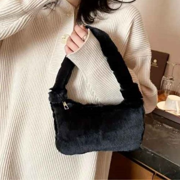 Furry Fluffy Soft Plush Shoulder Mini Hobo Handbag - NWT - Black - Picture 9 of 11